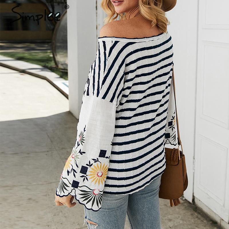 Shonlo | Simplee Embroidery striped casual blouse 