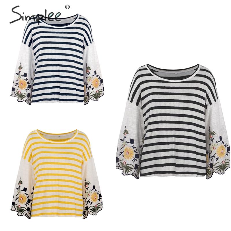 Shonlo | Simplee Embroidery striped casual blouse 