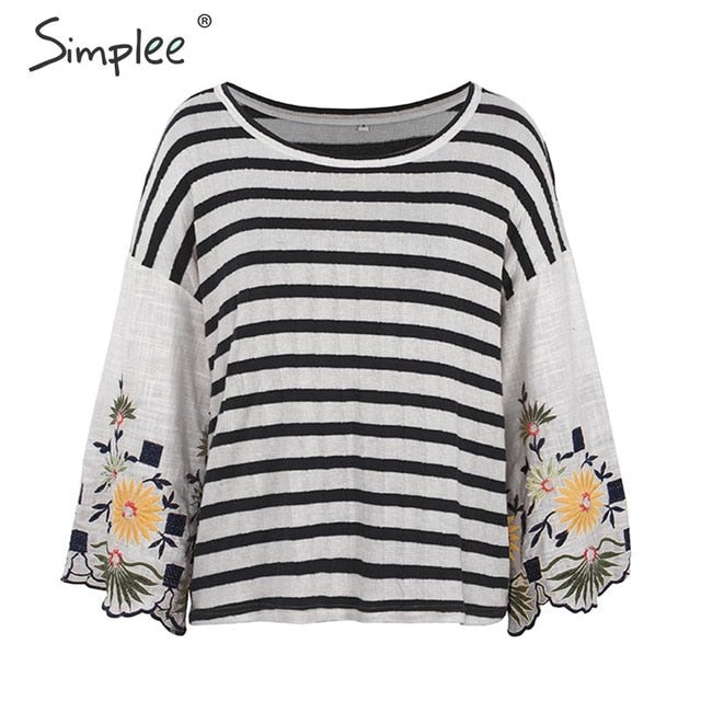 Shonlo | Simplee Embroidery striped casual blouse 