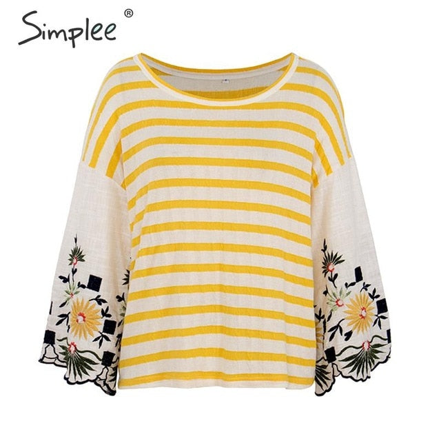 Shonlo | Simplee Embroidery striped casual blouse 