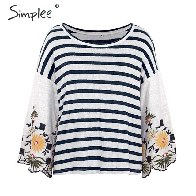 Shonlo | Simplee Embroidery striped casual blouse 