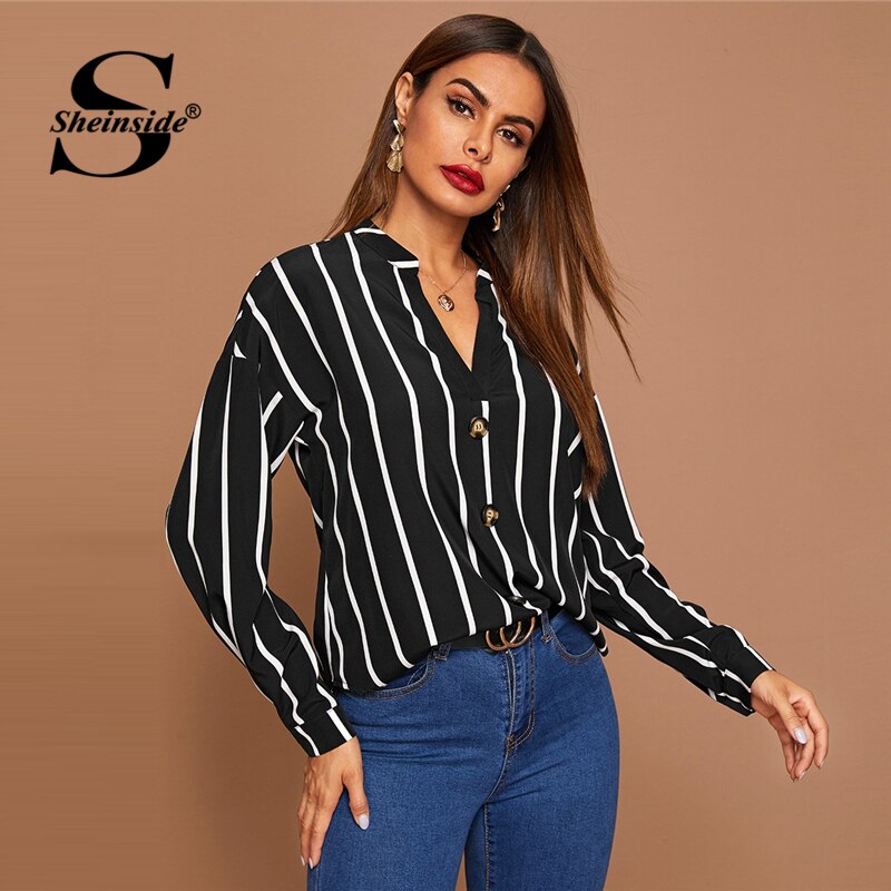 Shonlo | Black V Neck Stripe Print Blouse 