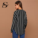 Shonlo | Black V Neck Stripe Print Blouse 