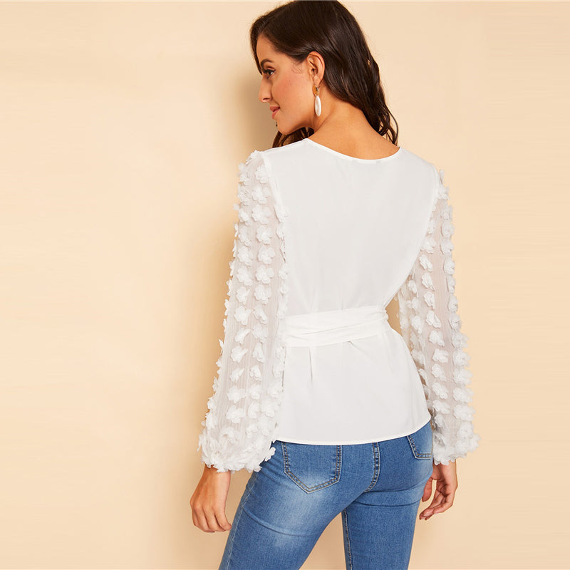 Shonlo | White Appliques Bishop Sleeve Belted Top 