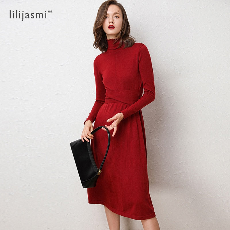 Shonlo | Turtleneck Knit Dress Belt Tunic Dress Wool Cashmere 