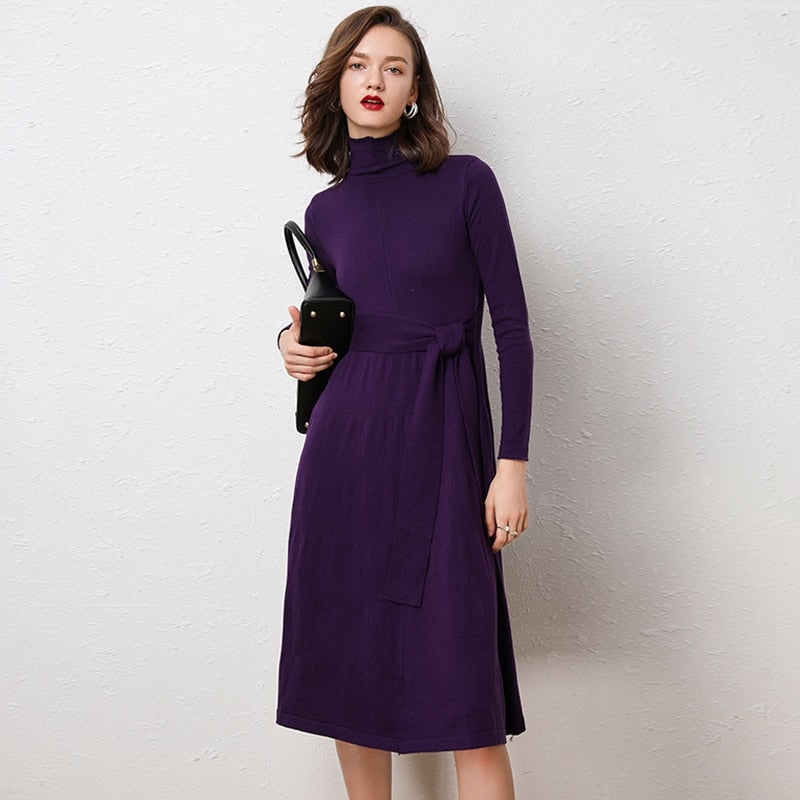 Shonlo | Turtleneck Knit Dress Belt Tunic Dress Wool Cashmere 