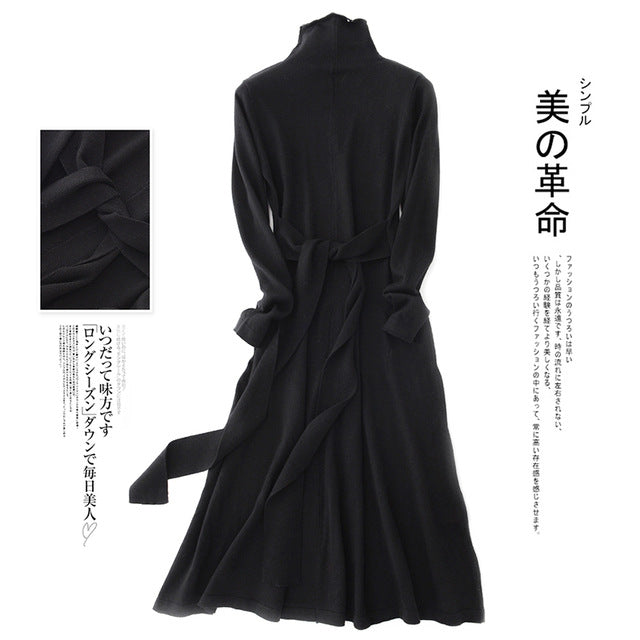 Shonlo | Turtleneck Knit Dress Belt Tunic Dress Wool Cashmere 