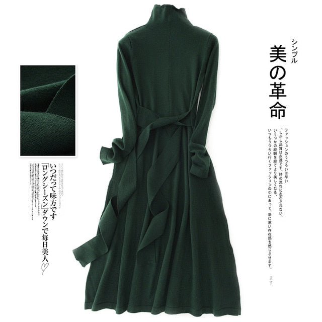 Shonlo | Turtleneck Knit Dress Belt Tunic Dress Wool Cashmere 