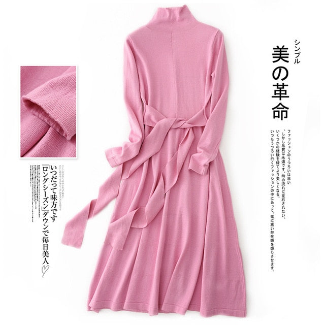 Shonlo | Turtleneck Knit Dress Belt Tunic Dress Wool Cashmere 