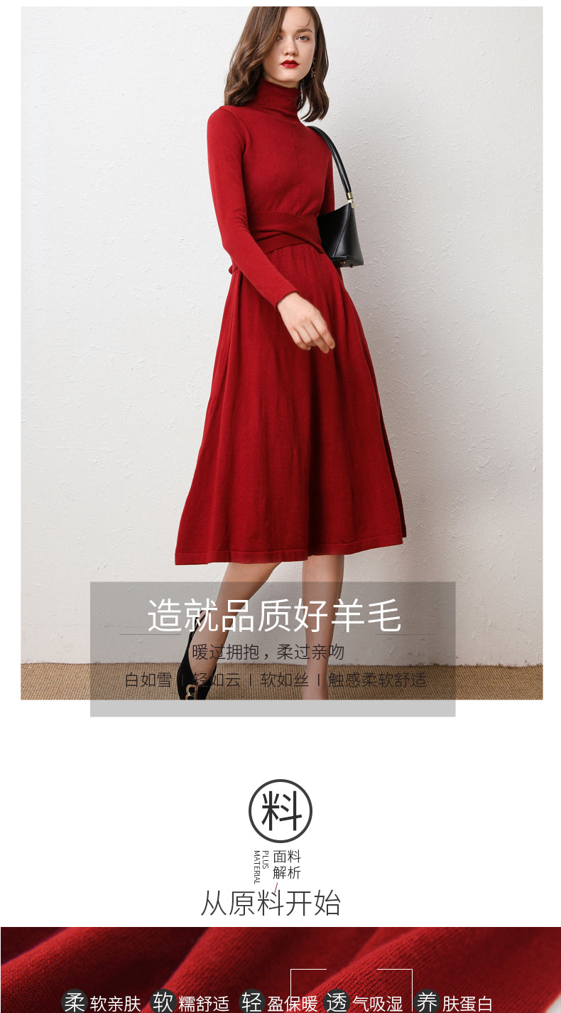 Shonlo | Turtleneck Knit Dress Belt Tunic Dress Wool Cashmere 