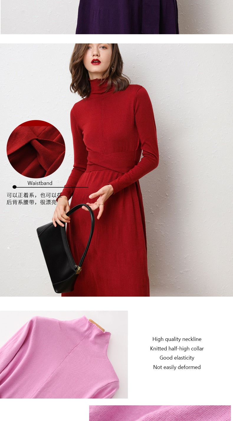 Shonlo | Turtleneck Knit Dress Belt Tunic Dress Wool Cashmere 