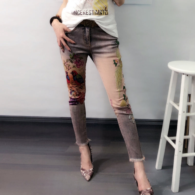 Shonlo | Women Embroidered Printing Bronzing Stretch Ankle jeans 