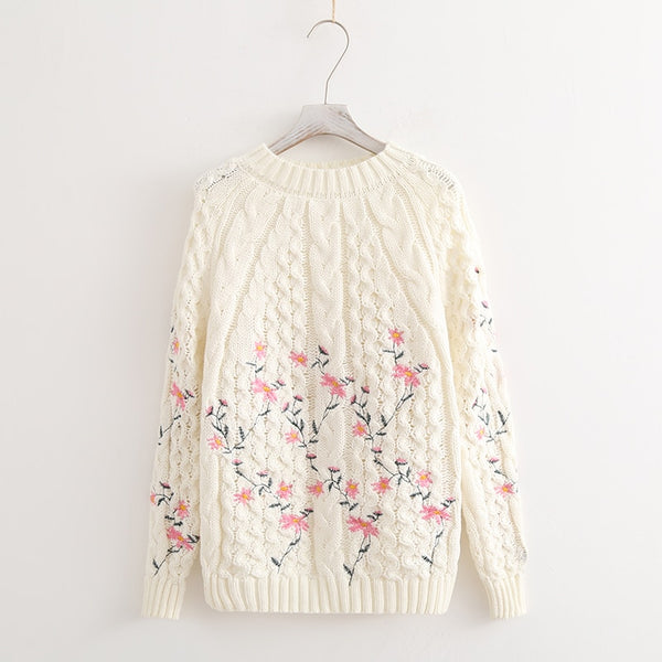 Shonlo | Sweet floral embroidery twisted  pullover sweater 