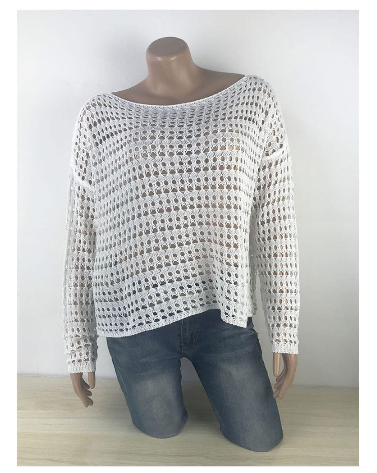 Shonlo | Hollow Out Blouse Top White Knitted Sweater 