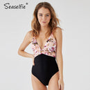 Shonlo | Pink Floral Print Black Com One-piece Swimsuit 