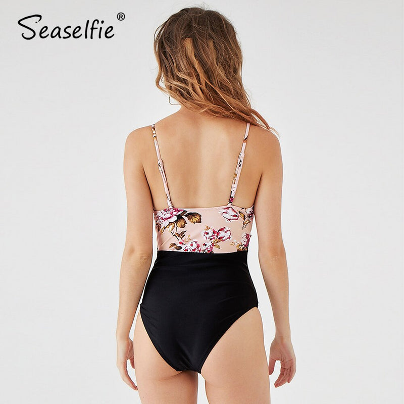 Shonlo | Pink Floral Print Black Com One-piece Swimsuit 