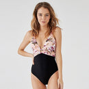 Shonlo | Pink Floral Print Black Com One-piece Swimsuit 