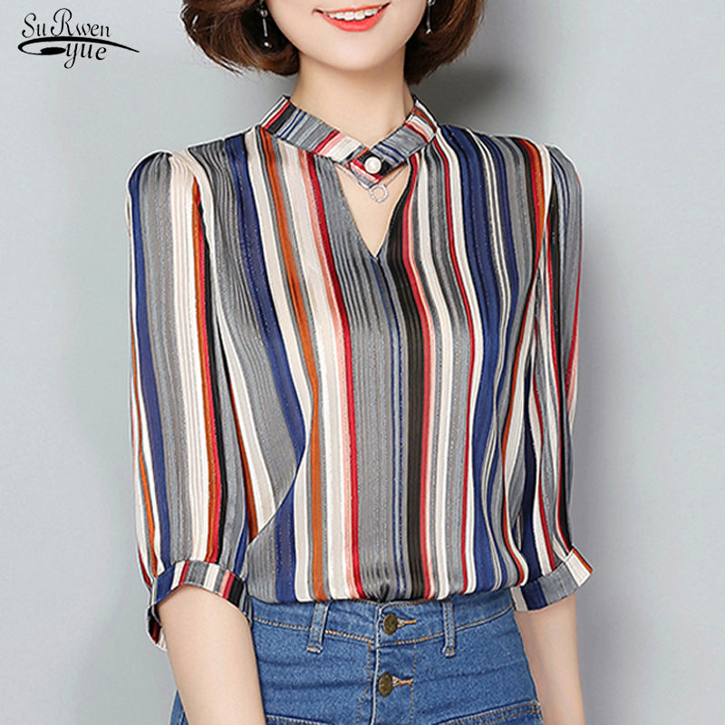 Shonlo | New V-neck Striped Loose Blouse 