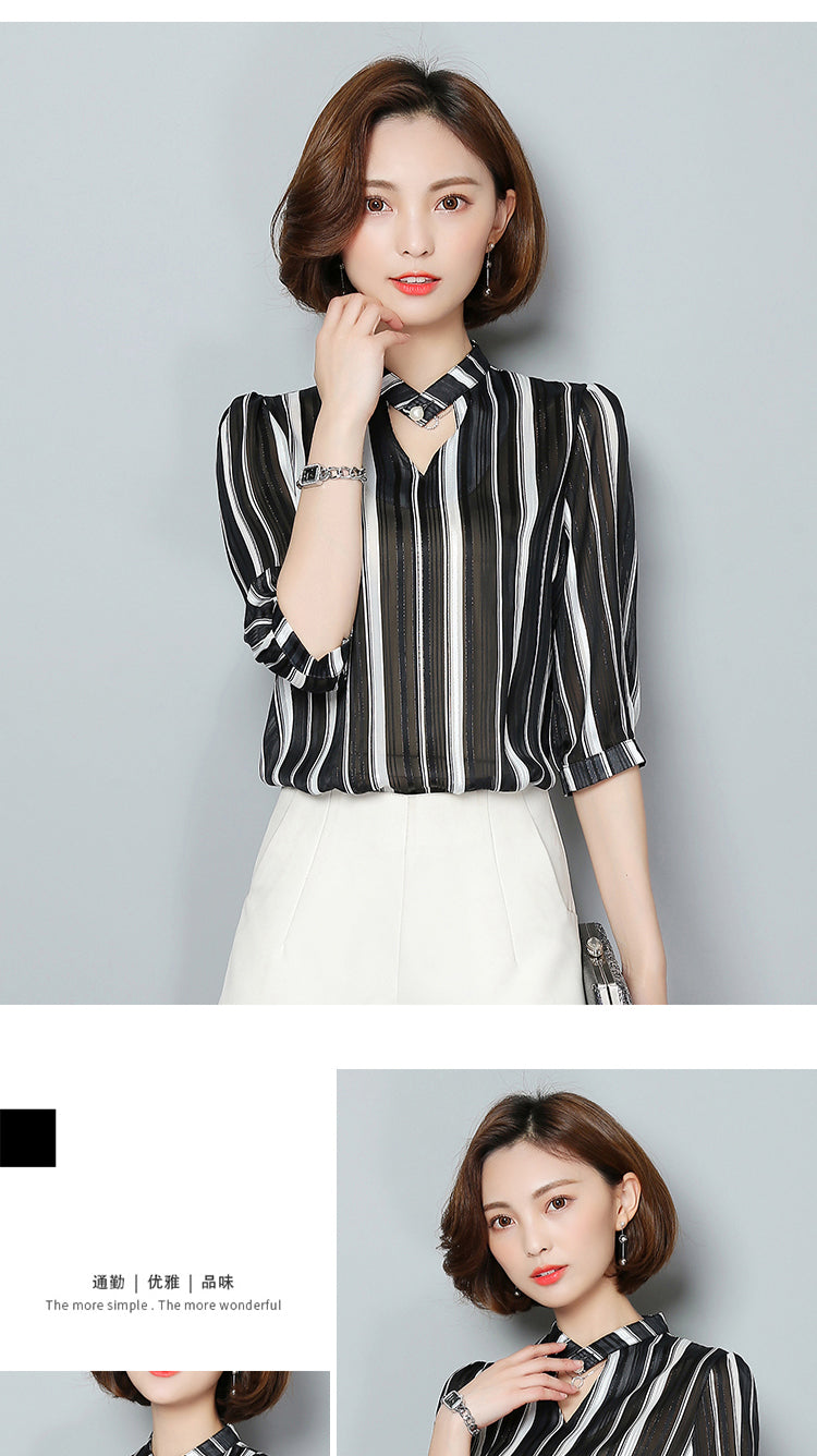 Shonlo | New V-neck Striped Loose Blouse 