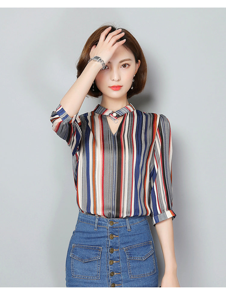 Shonlo | New V-neck Striped Loose Blouse 