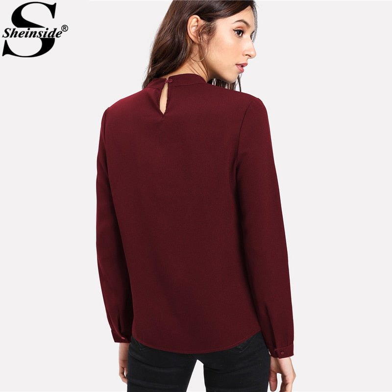 Shonlo | Burgundy Women Stand Collar Blouse 