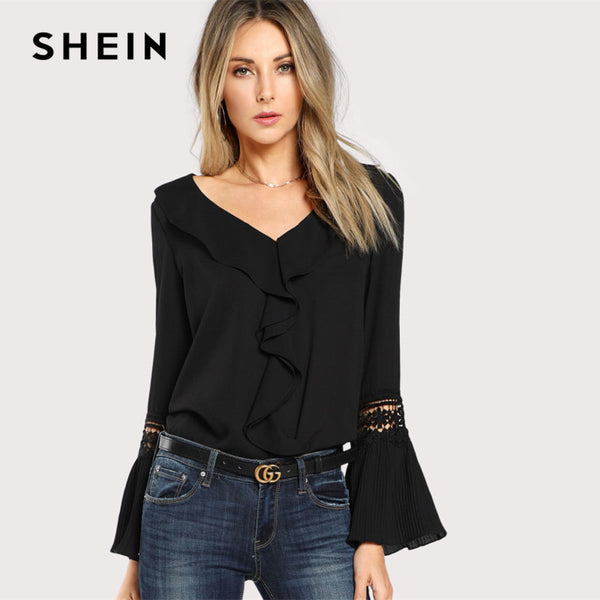 Shonlo | SHEIN Black Ruffle Neck Lace  Blouse 