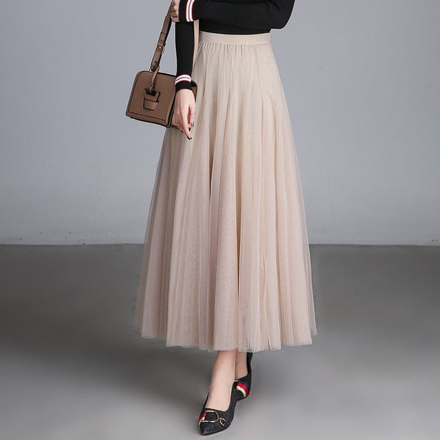 Shonlo | Pleated Skirt Elastic High Waist Maxi Tulle Skirt 