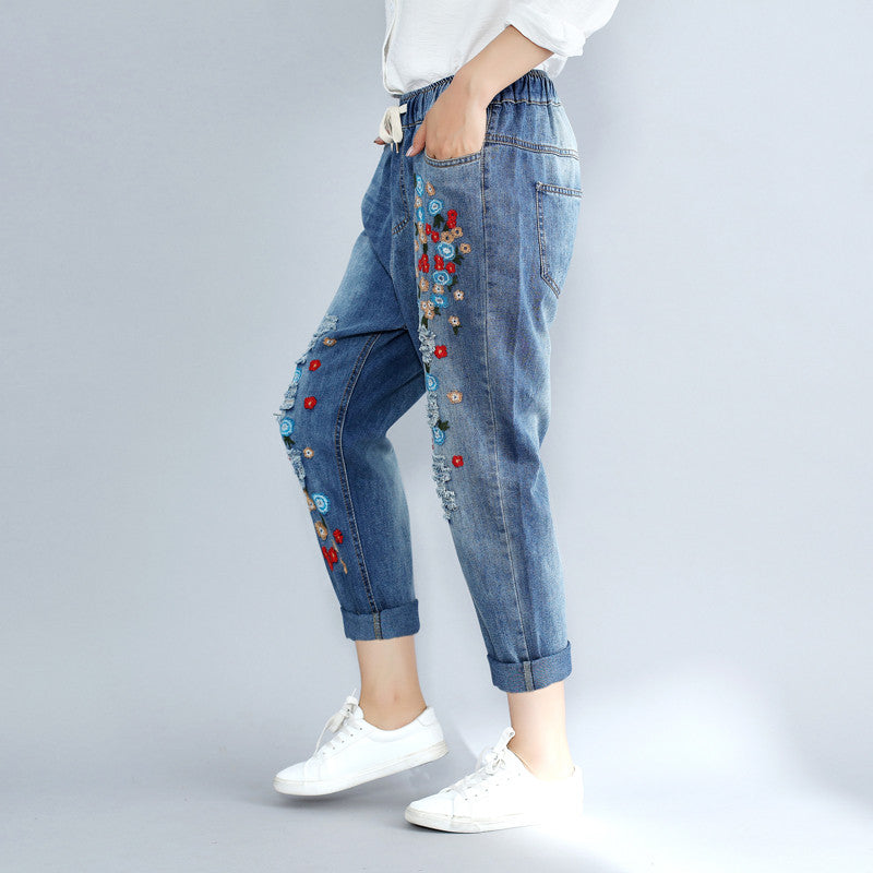 Shonlo | Plus Size  Floral Embroidery Boyfriend Ripped Jeans 