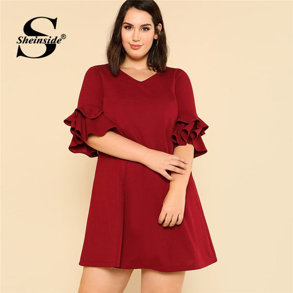 Shonlo | Burgundy Ruffle Sleeve Elegant Shift Dress 