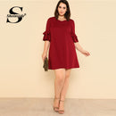 Shonlo | Burgundy Ruffle Sleeve Elegant Shift Dress 