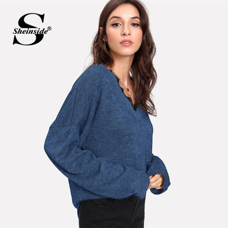 Shonlo | Blue Contrast Eyelash Lace Marled Knit Jumper 