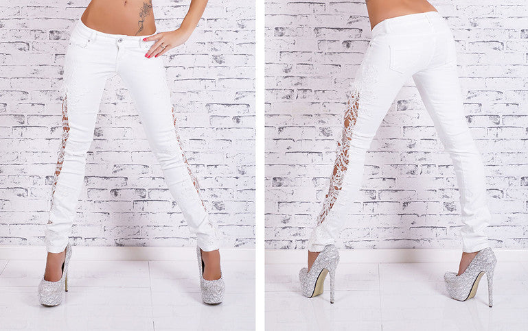 Shonlo | White Jeans With Lace Hollow Out Lace Stitching 