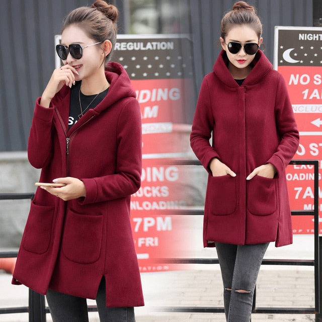 Shonlo | Winter Women's Fleece Jacket Coats  Long Hooded 