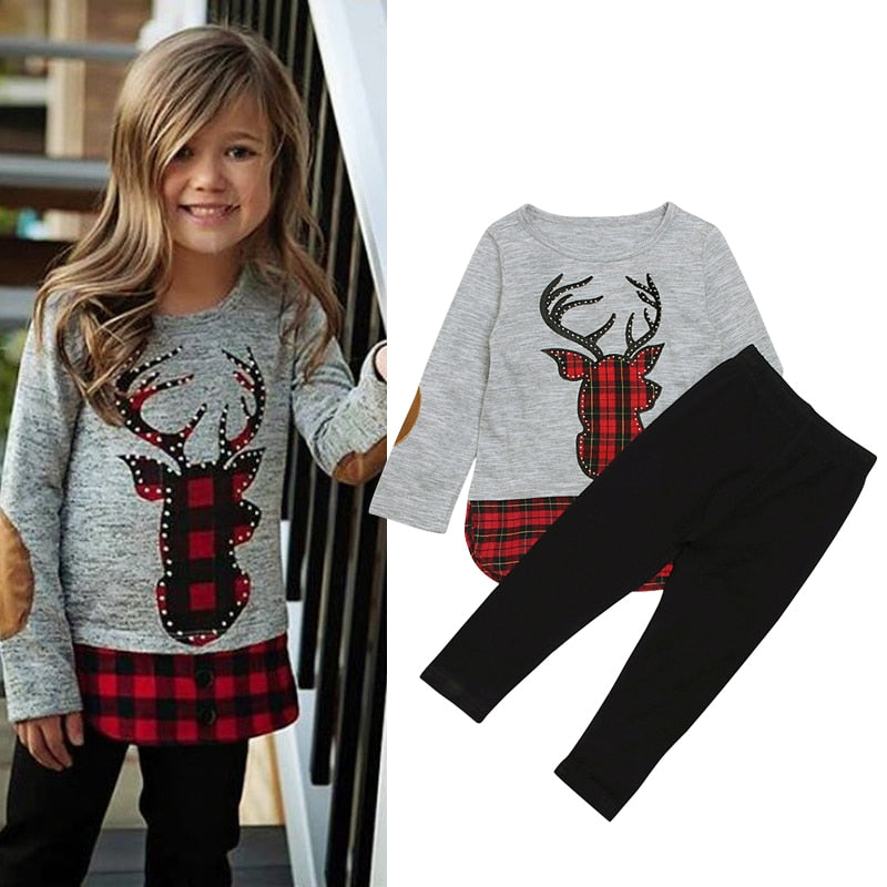 Shonlo | Winter Girls Clothes Deer Printed T-shirts+Long Pants 