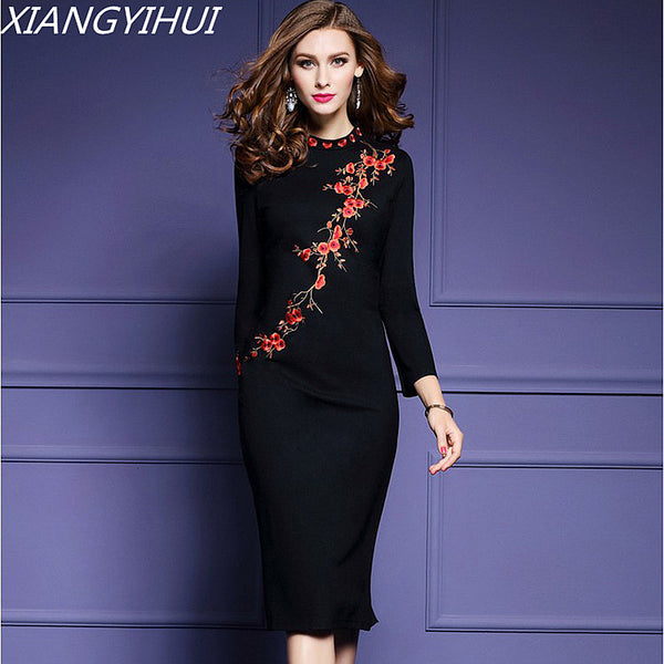 Shonlo | Dress Elegant O-neck Long Sleeve Black Bodycon 