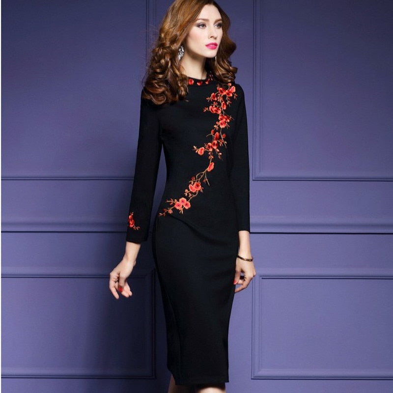 Shonlo | Dress Elegant O-neck Long Sleeve Black Bodycon 