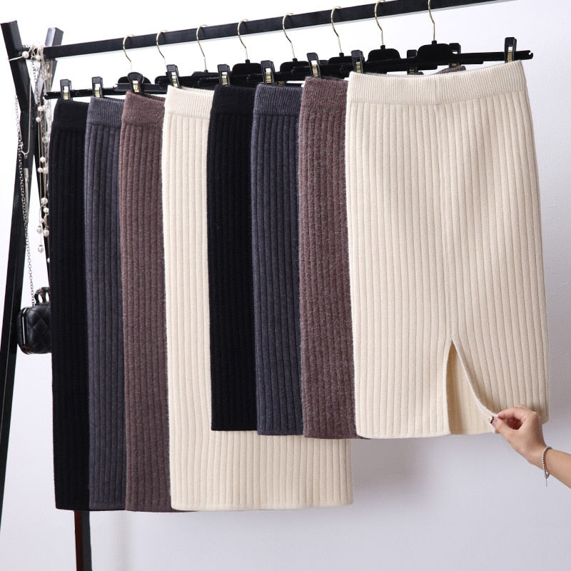 Shonlo | Elegant Midi Pencil Skirt Autumn Winter Casual Knitted Skirt 