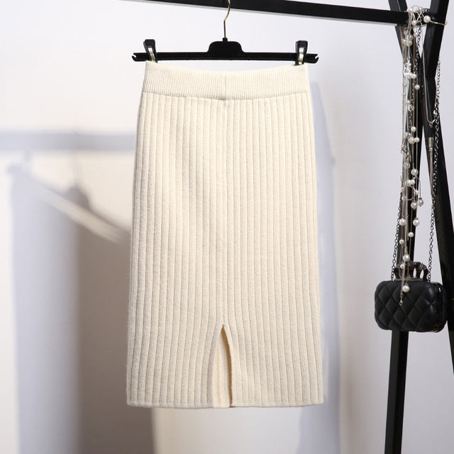 Shonlo | Elegant Midi Pencil Skirt Autumn Winter Casual Knitted Skirt 