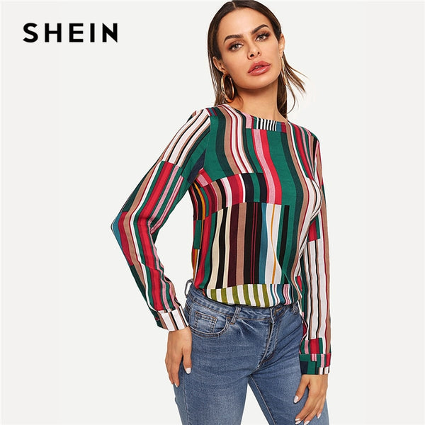Shonlo | SHEIN Multicolor Casual Keyhole Back Blouse Autumn 