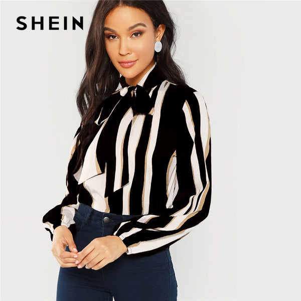 Shonlo | SHEIN Multicolor Office Lady Tie Neck Striped Pullovers 