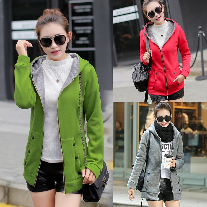 Shonlo | Hoodies Women Fashion Zip-up Solid Hooded Casual Streetwear 