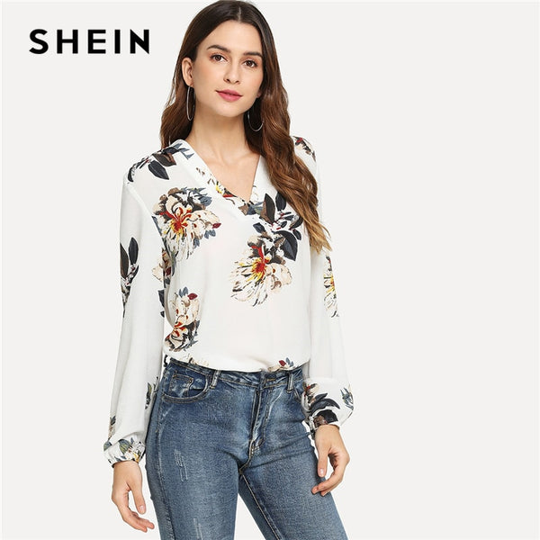 Shonlo | SHEIN White Elegant Office Lady Floral Print V Neck Long Sleeve  Blouse 