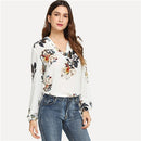 Shonlo | SHEIN White Elegant Office Lady Floral Print V Neck Long Sleeve  Blouse 