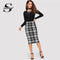Shonlo | Black and White Fitted Plaid Pencil Skirt Women 