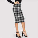 Shonlo | Black and White Fitted Plaid Pencil Skirt Women 