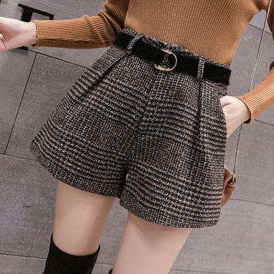 Shonlo | High Waist wool shorts womens autumn plaid wide leg Shorts 