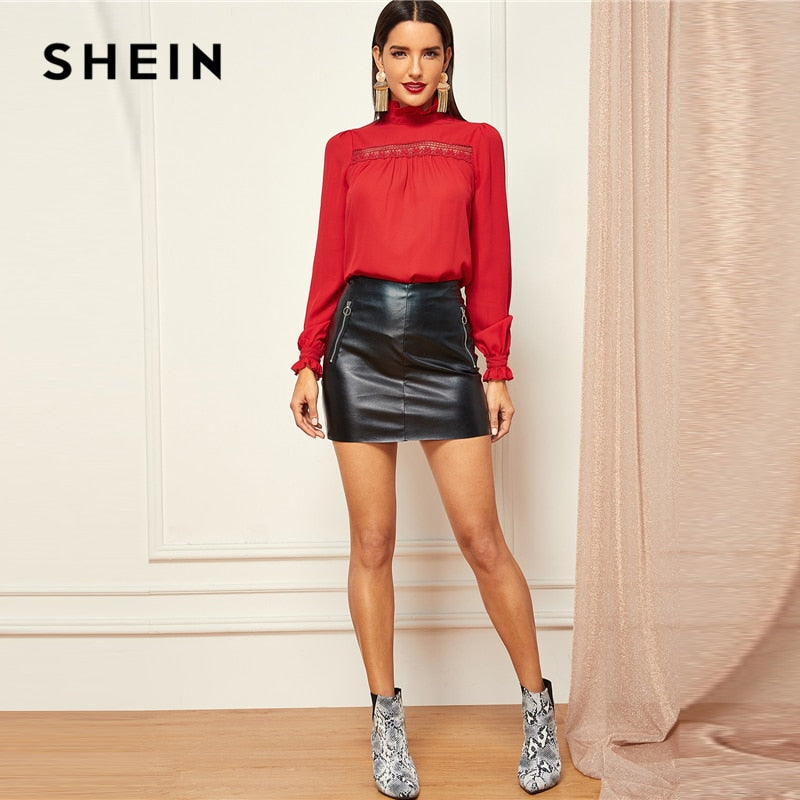 Shonlo | SHEIN Red Contrast Lace Insert  Blouse 
