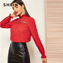 Shonlo | SHEIN Red Contrast Lace Insert  Blouse 