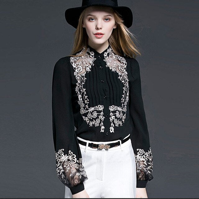 Shonlo | Floral Embroidery Long Sleeve Shirts 