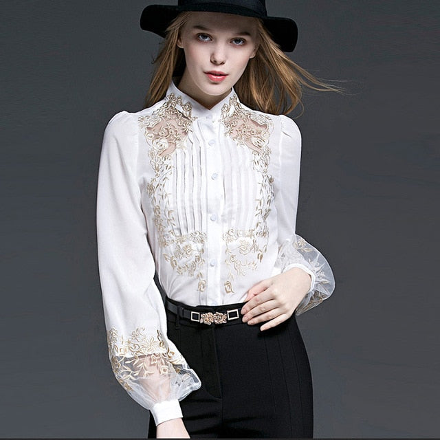 Shonlo | Floral Embroidery Long Sleeve Shirts 